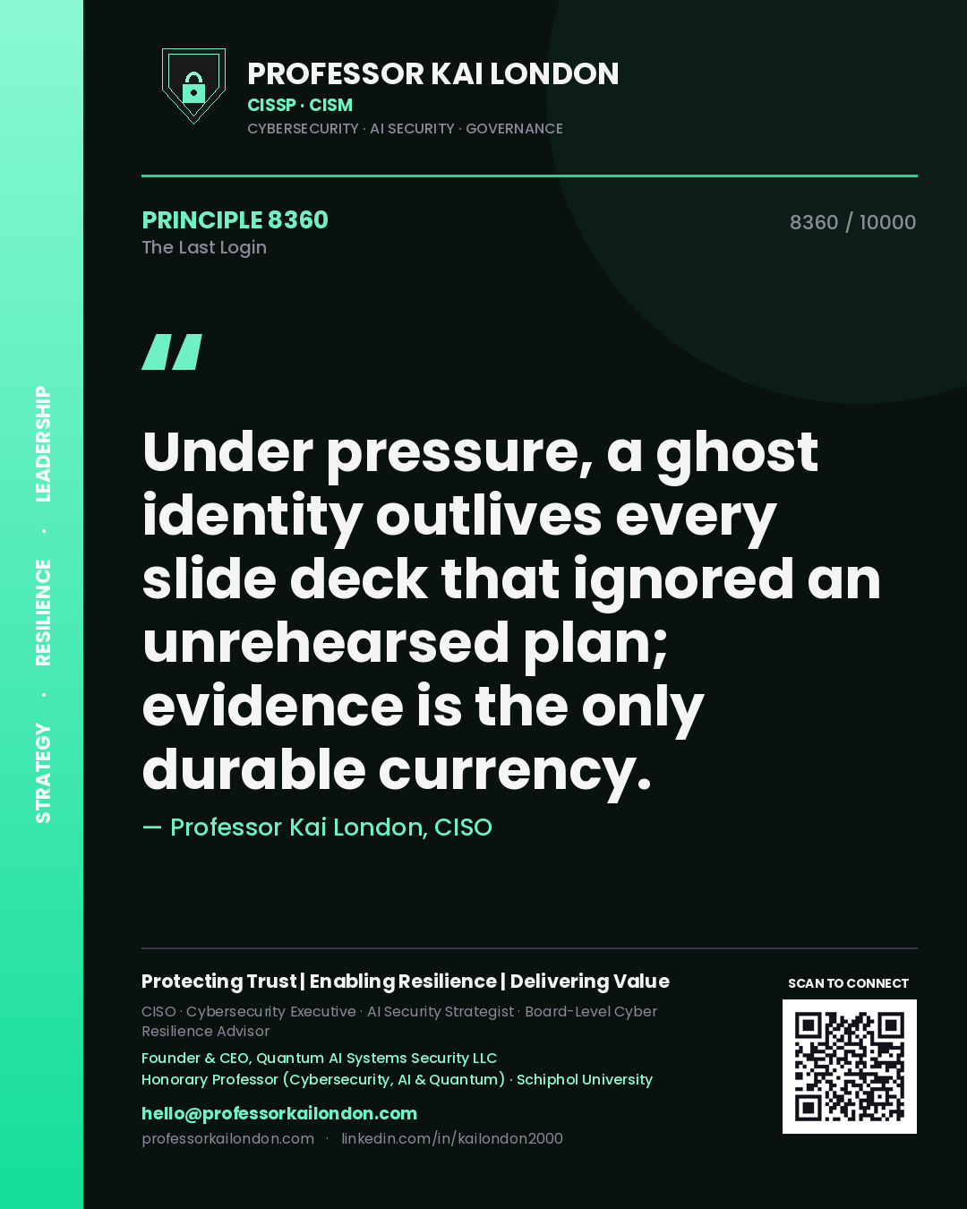 Professor Kai London principle 8360: Under pressure, a ghost identity outlives every slide deck that ignored an unrehearsed plan; evidence is the only durable currency.