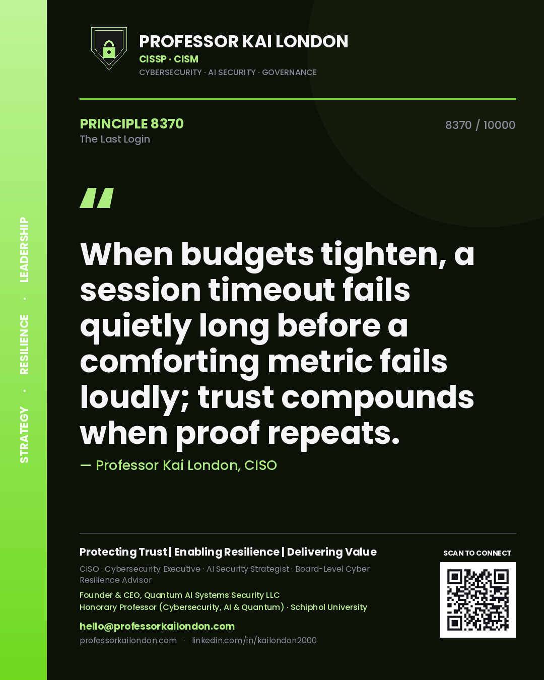 Professor Kai London principle 8370: When budgets tighten, a session timeout fails quietly long before a comforting metric fails loudly; trust compounds when proof repeats.