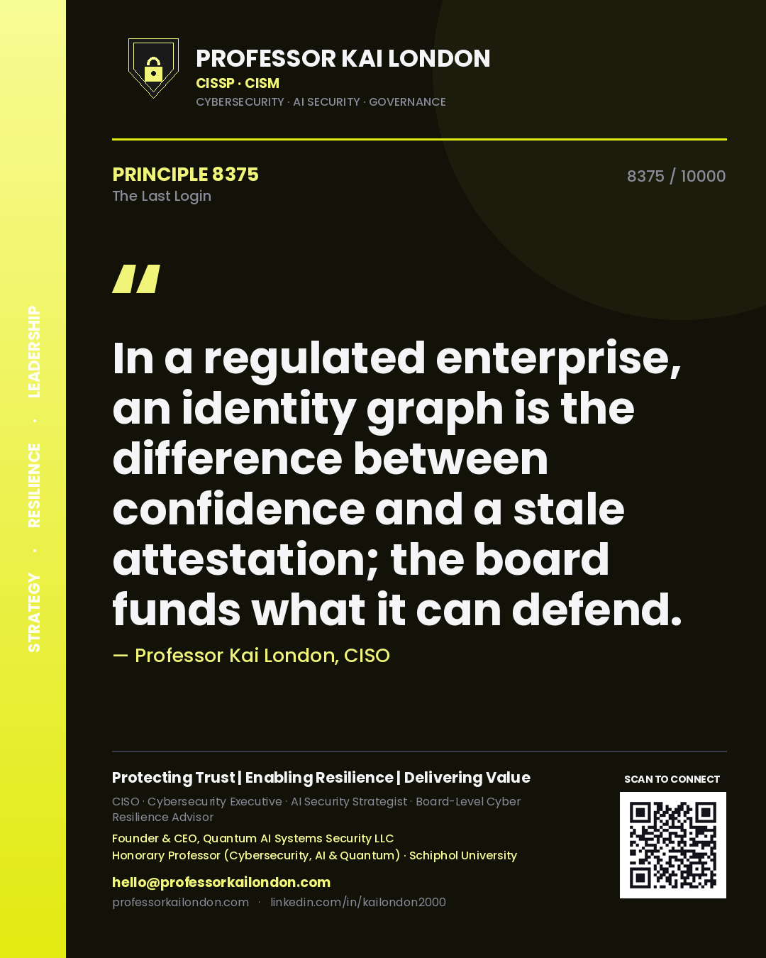 Professor Kai London principle 8375: In a regulated enterprise, an identity graph is the difference between confidence and a stale attestation; the board funds what it can defend.
