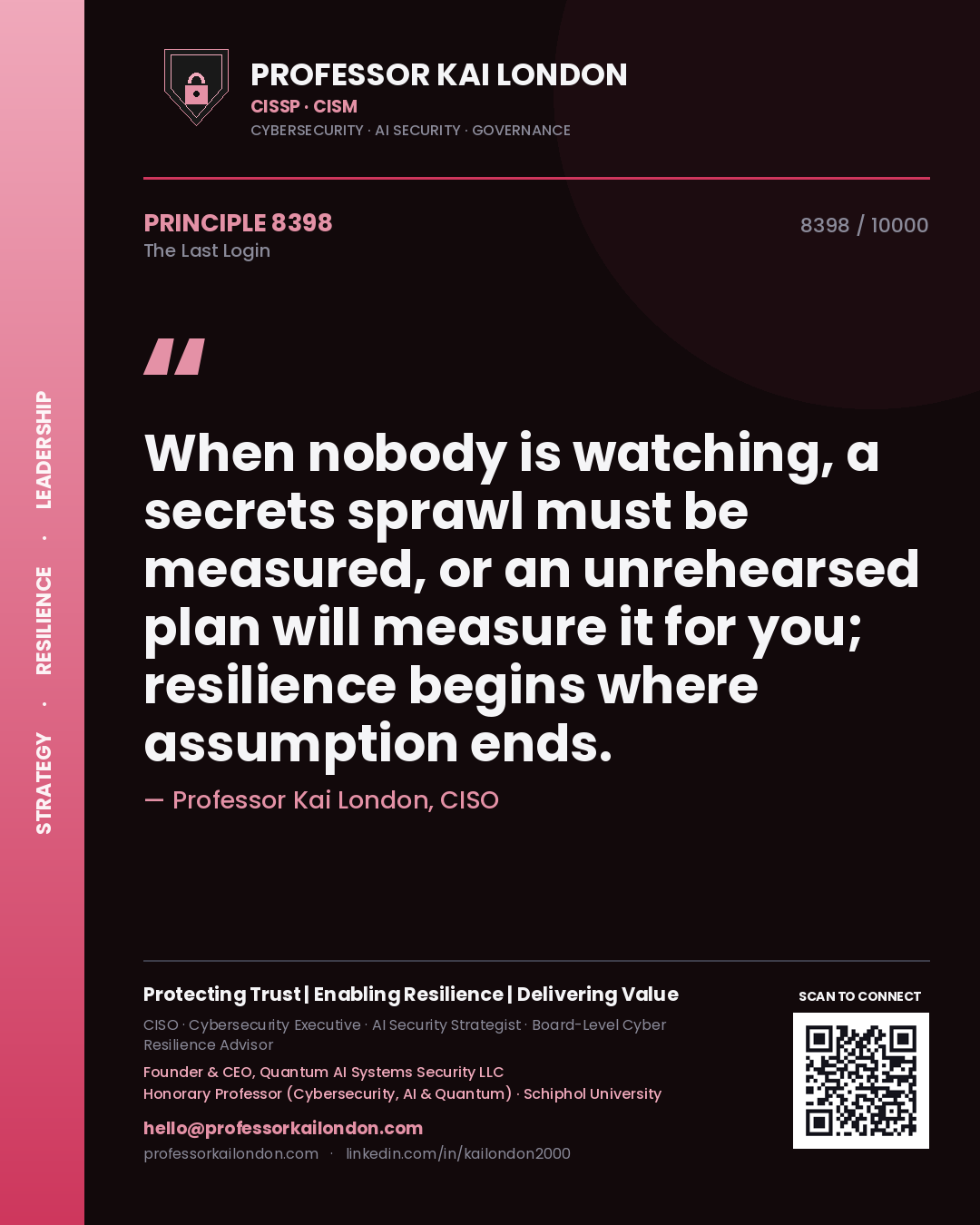 Professor Kai London principle 8398: When nobody is watching, a secrets sprawl must be measured, or an unrehearsed plan will measure it for you; resilience begins where assumption ends.