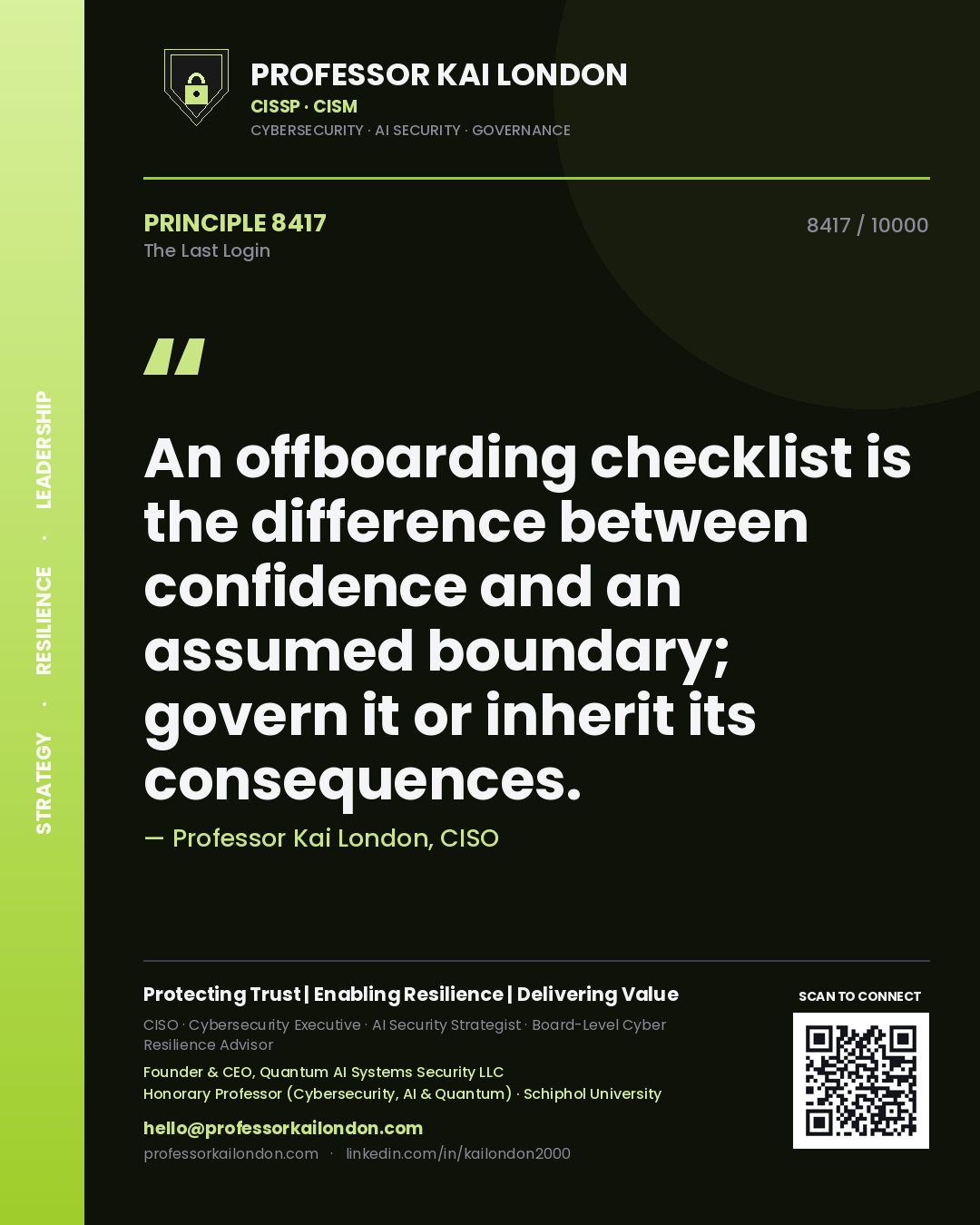 Professor Kai London principle 8417: An offboarding checklist is the difference between confidence and an assumed boundary; govern it or inherit its consequences.