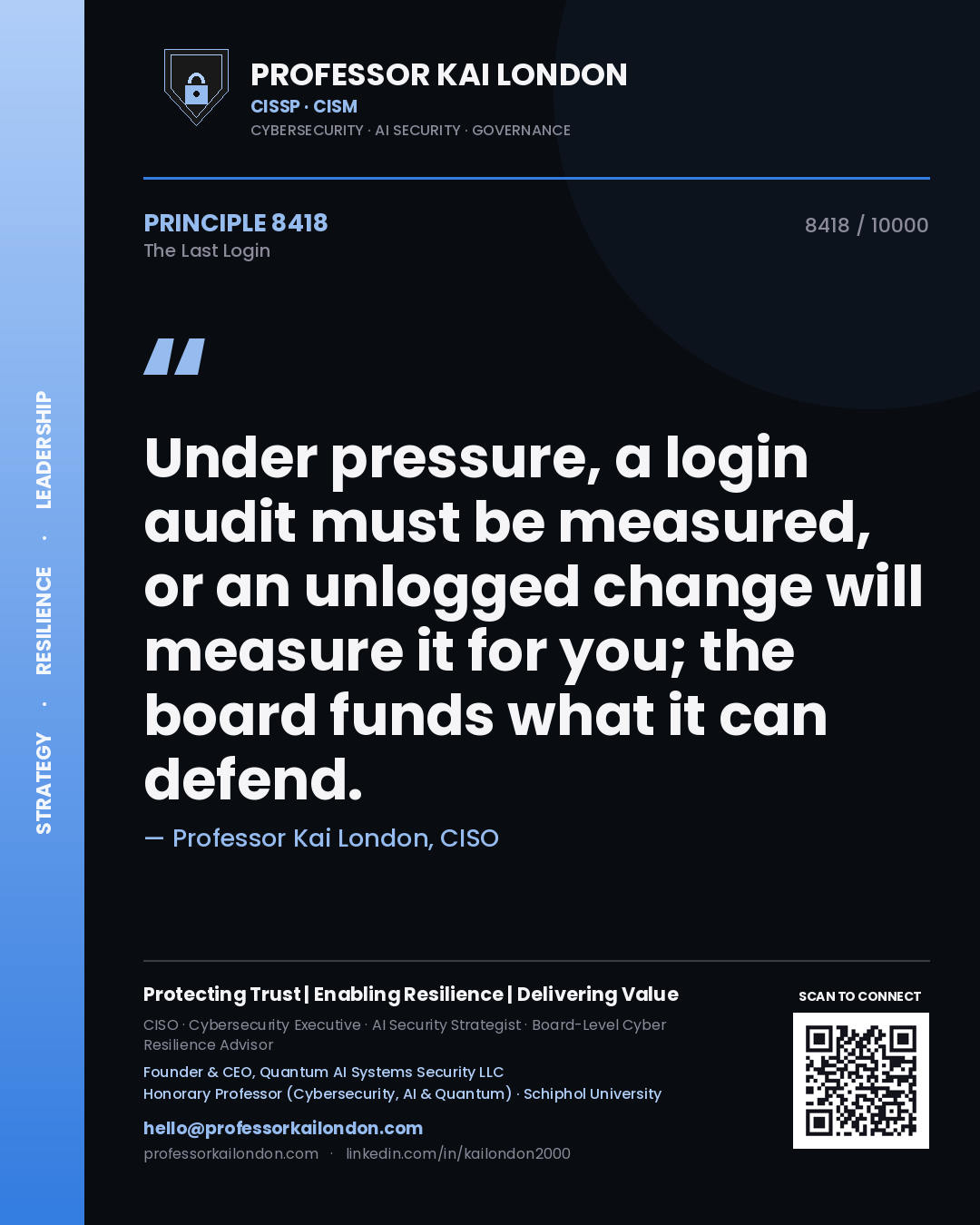 Professor Kai London principle 8418: Under pressure, a login audit must be measured, or an unlogged change will measure it for you; the board funds what it can defend.