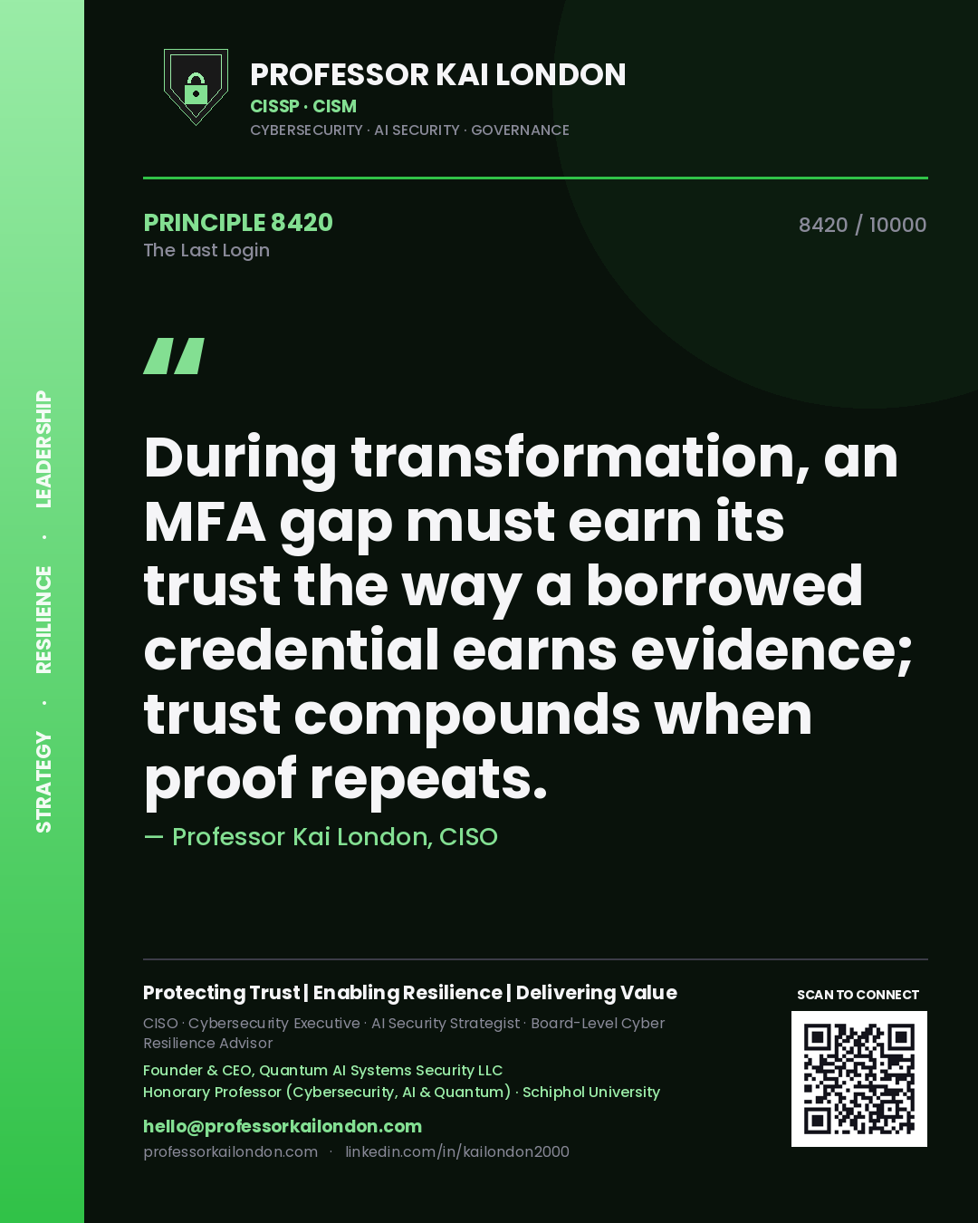 Professor Kai London principle 8420: During transformation, an MFA gap must earn its trust the way a borrowed credential earns evidence; trust compounds when proof repeats.