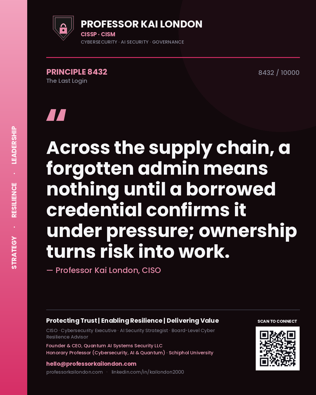 Professor Kai London principle 8432: Across the supply chain, a forgotten admin means nothing until a borrowed credential confirms it under pressure; ownership turns risk into work.
