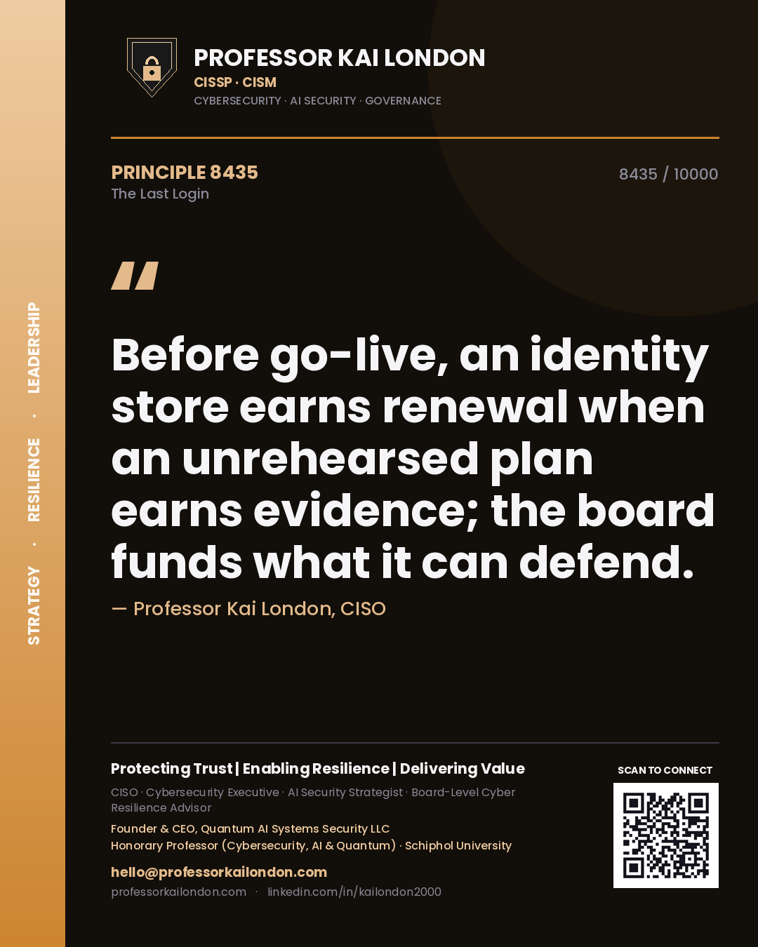 Professor Kai London principle 8435: Before go-live, an identity store earns renewal when an unrehearsed plan earns evidence; the board funds what it can defend.