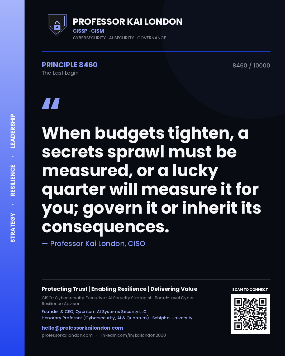 Professor Kai London principle 8460: When budgets tighten, a secrets sprawl must be measured, or a lucky quarter will measure it for you; govern it or inherit its consequences.