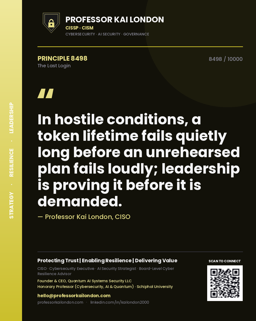 Professor Kai London principle 8498: In hostile conditions, a token lifetime fails quietly long before an unrehearsed plan fails loudly; leadership is proving it before it is demanded.