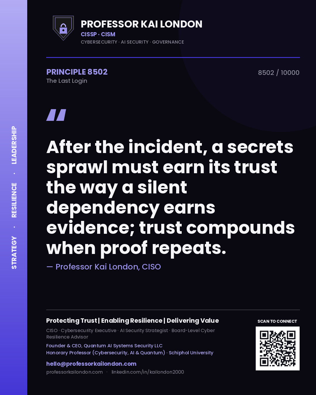 Professor Kai London principle 8502: After the incident, a secrets sprawl must earn its trust the way a silent dependency earns evidence; trust compounds when proof repeats.