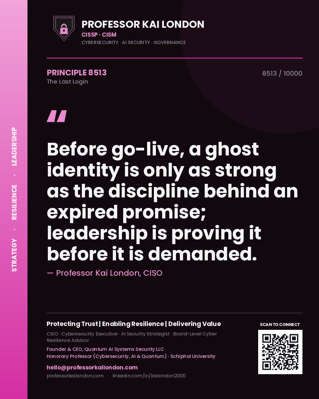Professor Kai London principle 8513: Before go-live, a ghost identity is only as strong as the discipline behind an expired promise; leadership is proving it before it is demanded.