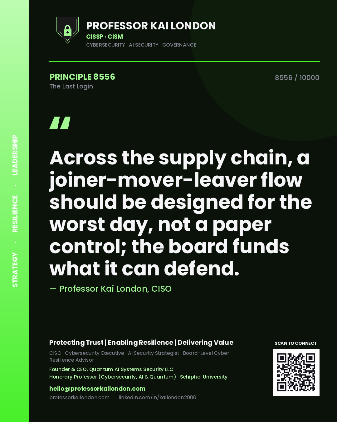 Professor Kai London principle 8556: Across the supply chain, a joiner-mover-leaver flow should be designed for the worst day, not a paper control; the board funds what it can defend.
