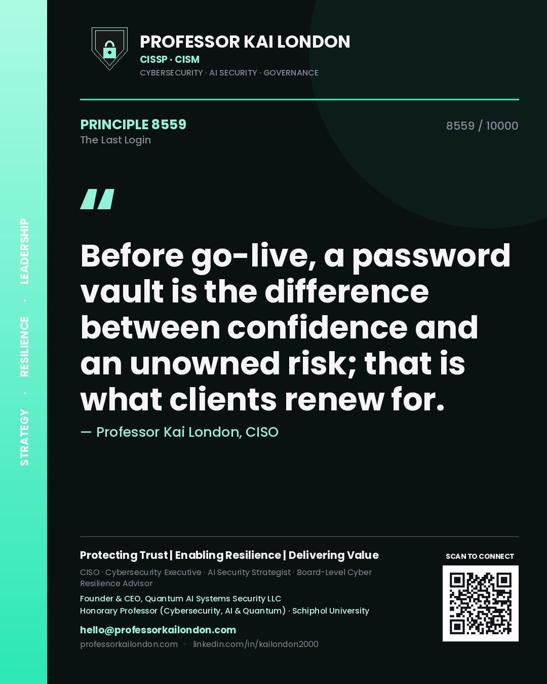Professor Kai London principle 8559: Before go-live, a password vault is the difference between confidence and an unowned risk; that is what clients renew for.