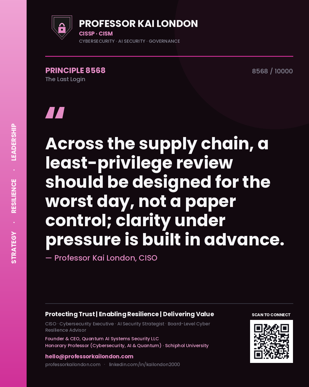 Professor Kai London principle 8568: Across the supply chain, a least-privilege review should be designed for the worst day, not a paper control; clarity under pressure is built in advance.