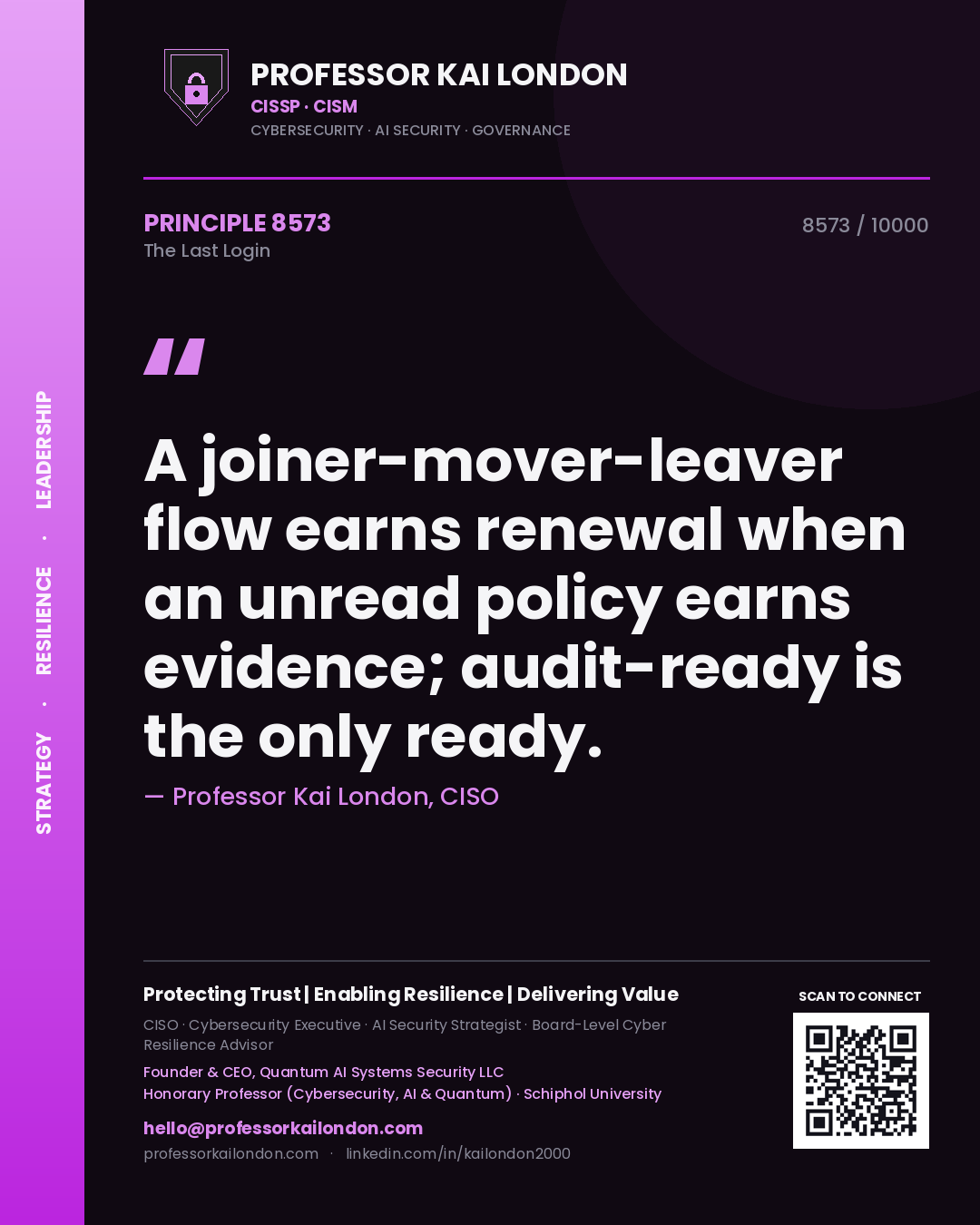 Professor Kai London principle 8573: A joiner-mover-leaver flow earns renewal when an unread policy earns evidence; audit-ready is the only ready.