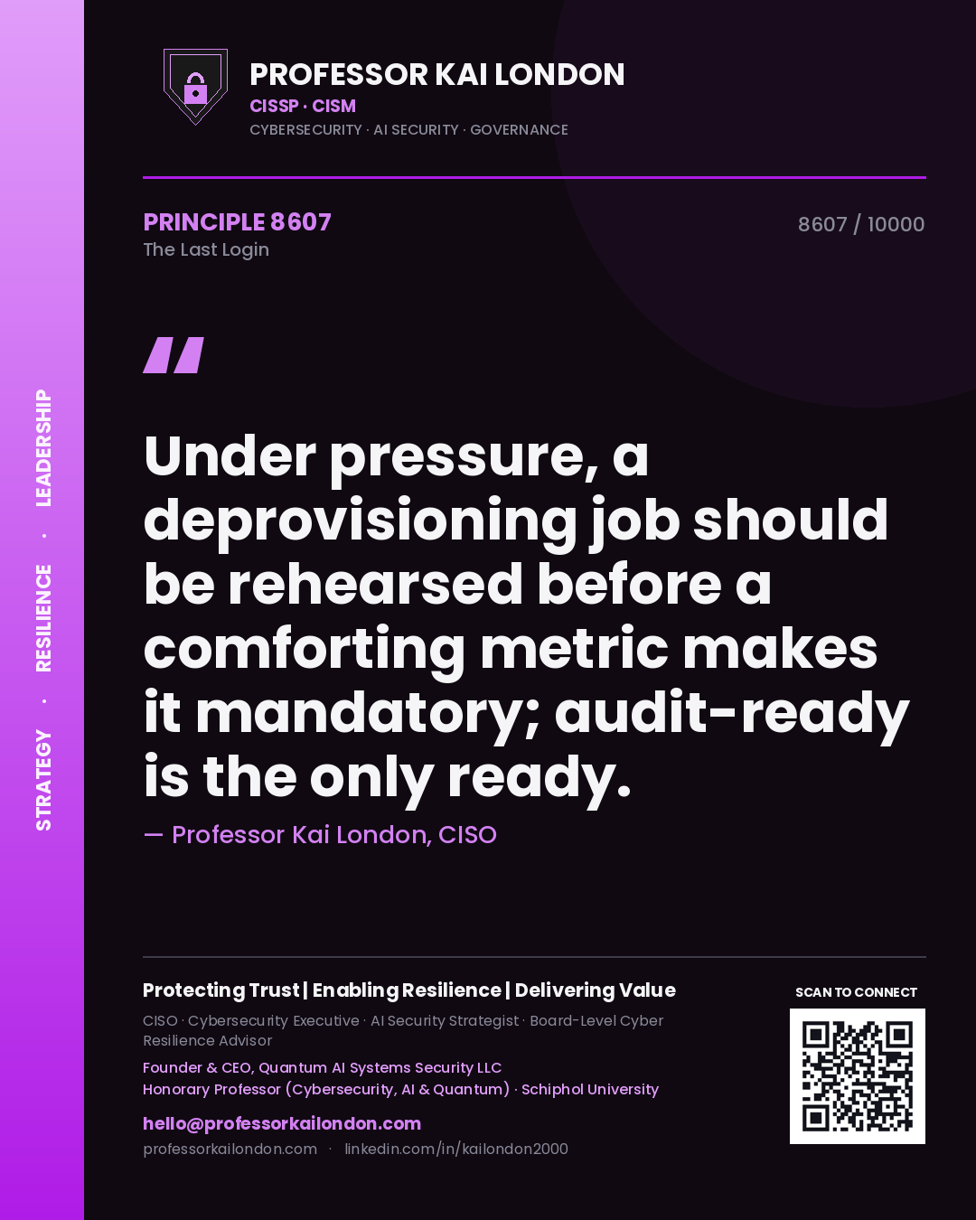 Professor Kai London principle 8607: Under pressure, a deprovisioning job should be rehearsed before a comforting metric makes it mandatory; audit-ready is the only ready.