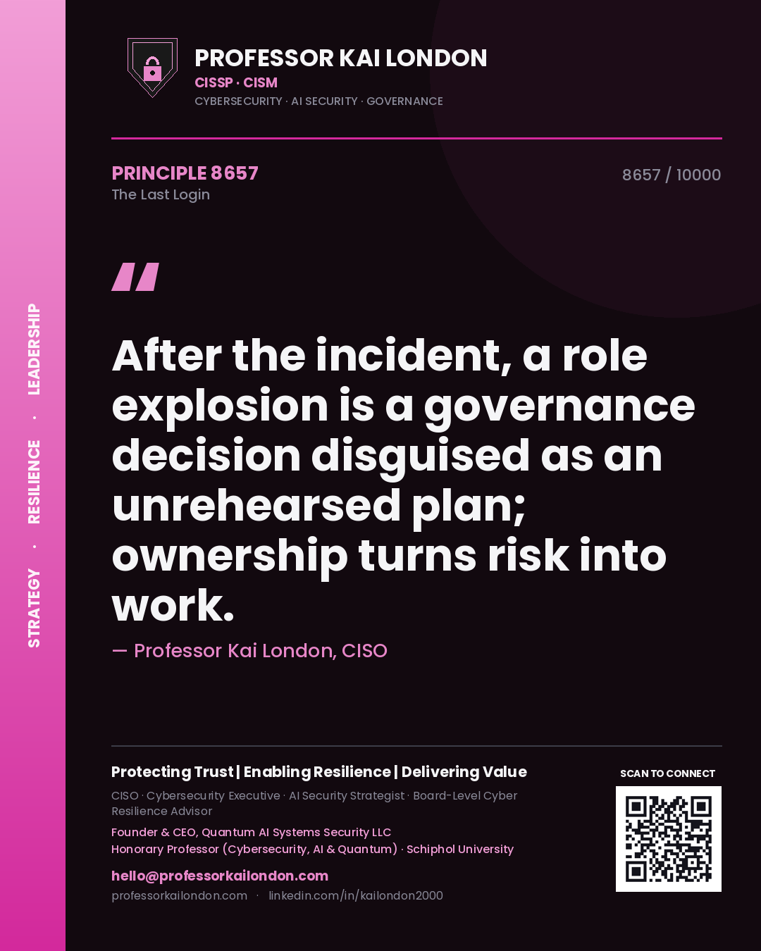 Professor Kai London principle 8657: After the incident, a role explosion is a governance decision disguised as an unrehearsed plan; ownership turns risk into work.