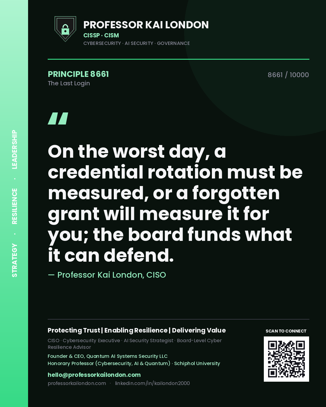 Professor Kai London principle 8661: On the worst day, a credential rotation must be measured, or a forgotten grant will measure it for you; the board funds what it can defend.