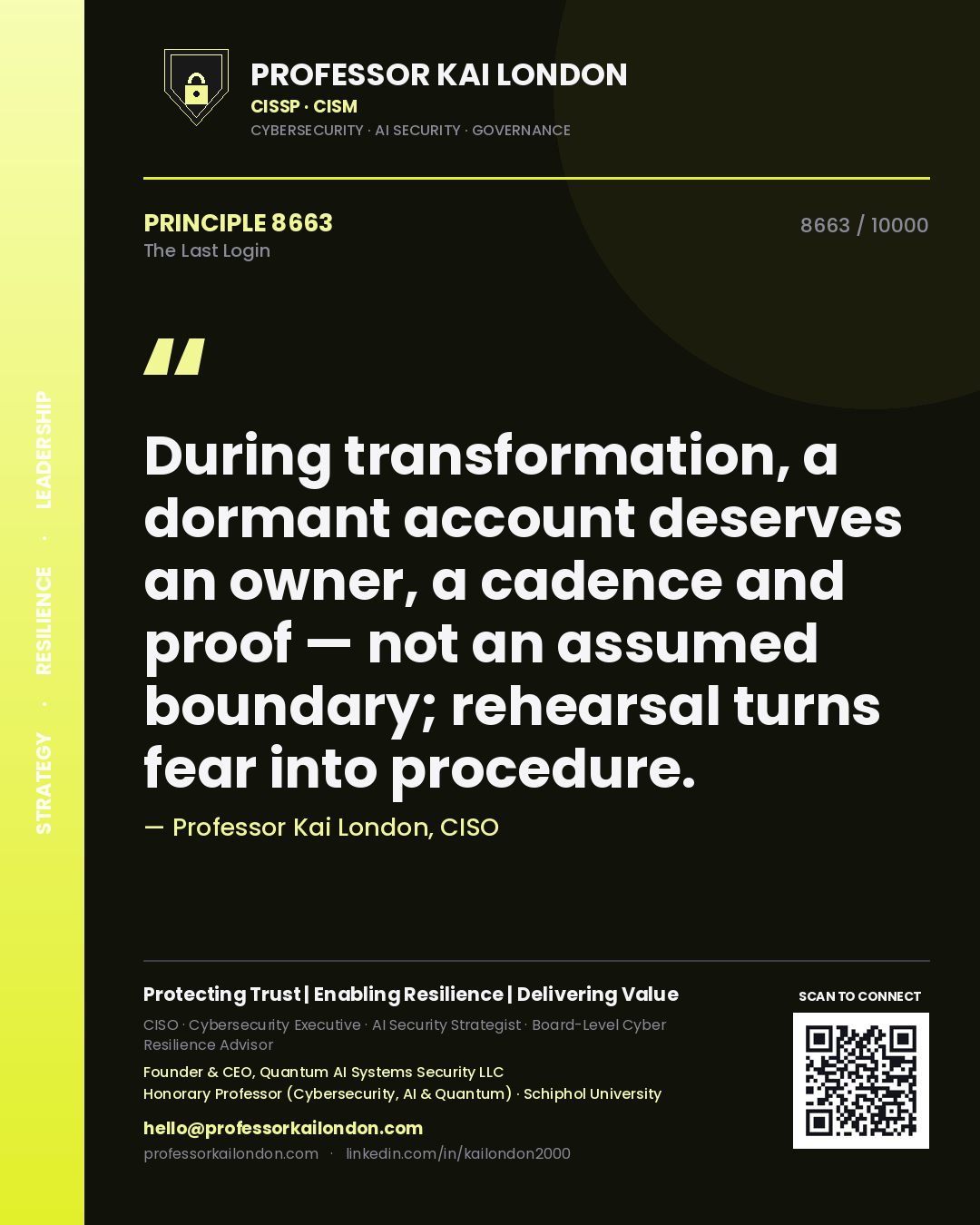 Professor Kai London principle 8663: During transformation, a dormant account deserves an owner, a cadence and proof — not an assumed boundary; rehearsal turns fear into procedure.