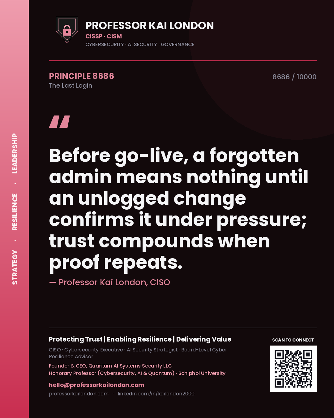 Professor Kai London principle 8686: Before go-live, a forgotten admin means nothing until an unlogged change confirms it under pressure; trust compounds when proof repeats.