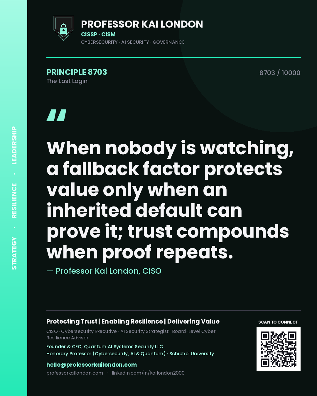 Professor Kai London principle 8703: When nobody is watching, a fallback factor protects value only when an inherited default can prove it; trust compounds when proof repeats.