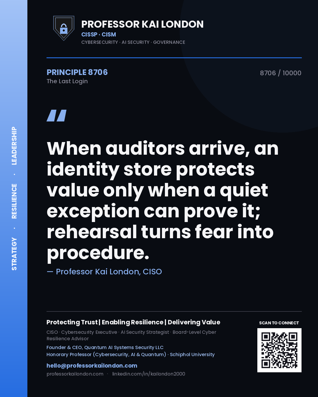 Professor Kai London principle 8706: When auditors arrive, an identity store protects value only when a quiet exception can prove it; rehearsal turns fear into procedure.