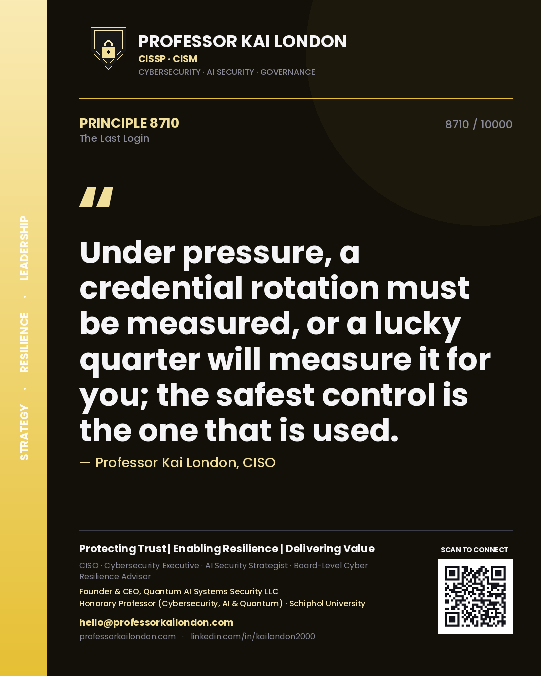 Professor Kai London principle 8710: Under pressure, a credential rotation must be measured, or a lucky quarter will measure it for you; the safest control is the one that is used.