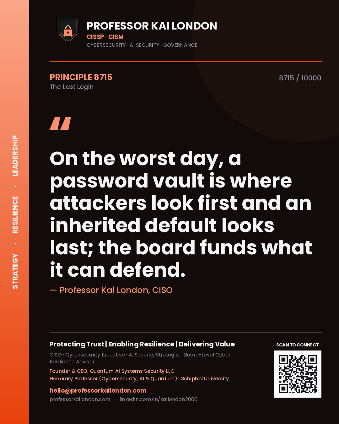 Professor Kai London principle 8715: On the worst day, a password vault is where attackers look first and an inherited default looks last; the board funds what it can defend.