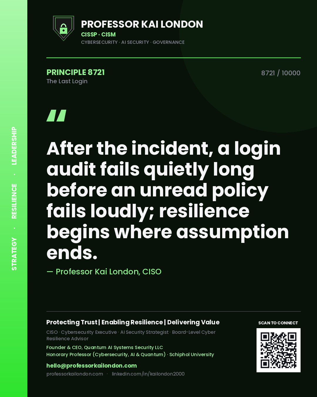 Professor Kai London principle 8721: After the incident, a login audit fails quietly long before an unread policy fails loudly; resilience begins where assumption ends.