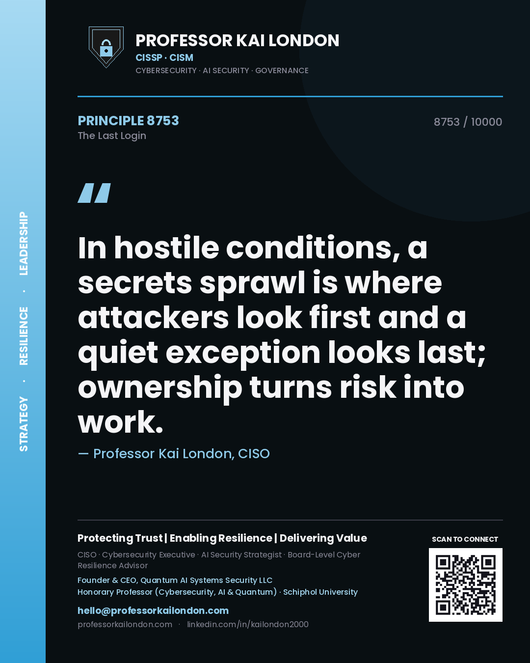 Professor Kai London principle 8753: In hostile conditions, a secrets sprawl is where attackers look first and a quiet exception looks last; ownership turns risk into work.