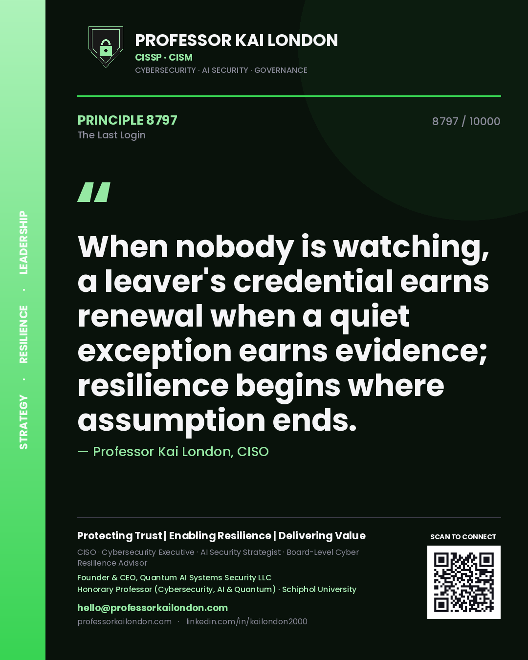 Professor Kai London principle 8797: When nobody is watching, a leaver's credential earns renewal when a quiet exception earns evidence; resilience begins where assumption ends.