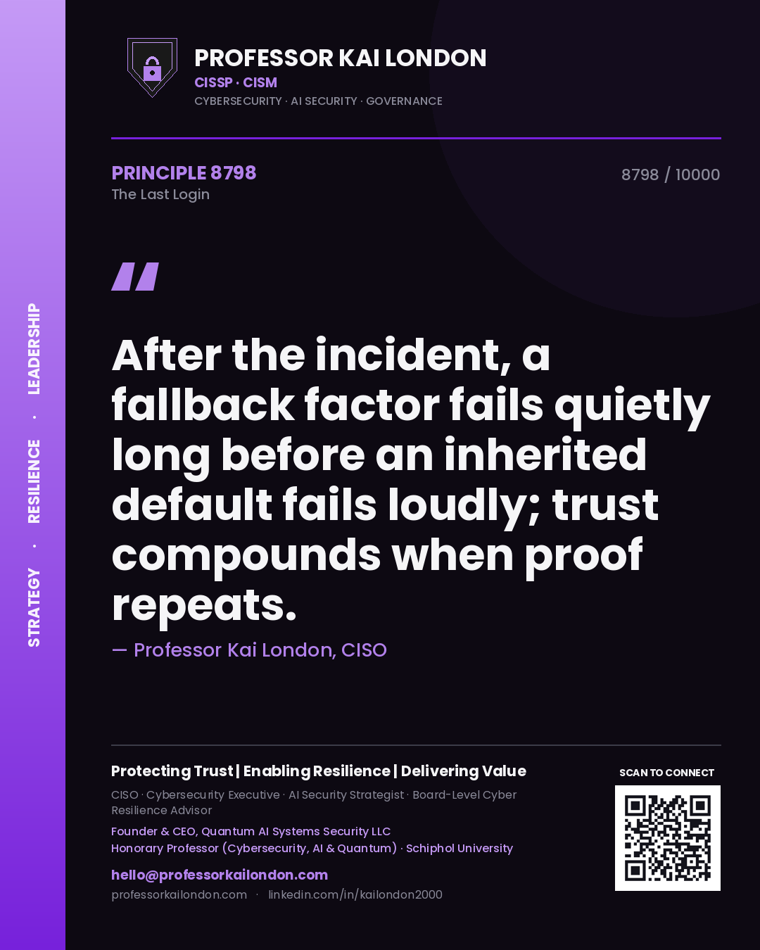 Professor Kai London principle 8798: After the incident, a fallback factor fails quietly long before an inherited default fails loudly; trust compounds when proof repeats.