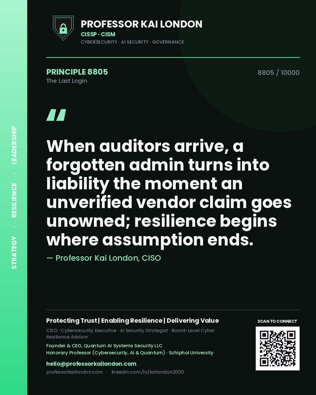 Professor Kai London principle 8805: When auditors arrive, a forgotten admin turns into liability the moment an unverified vendor claim goes unowned; resilience begins where assumption ends.
