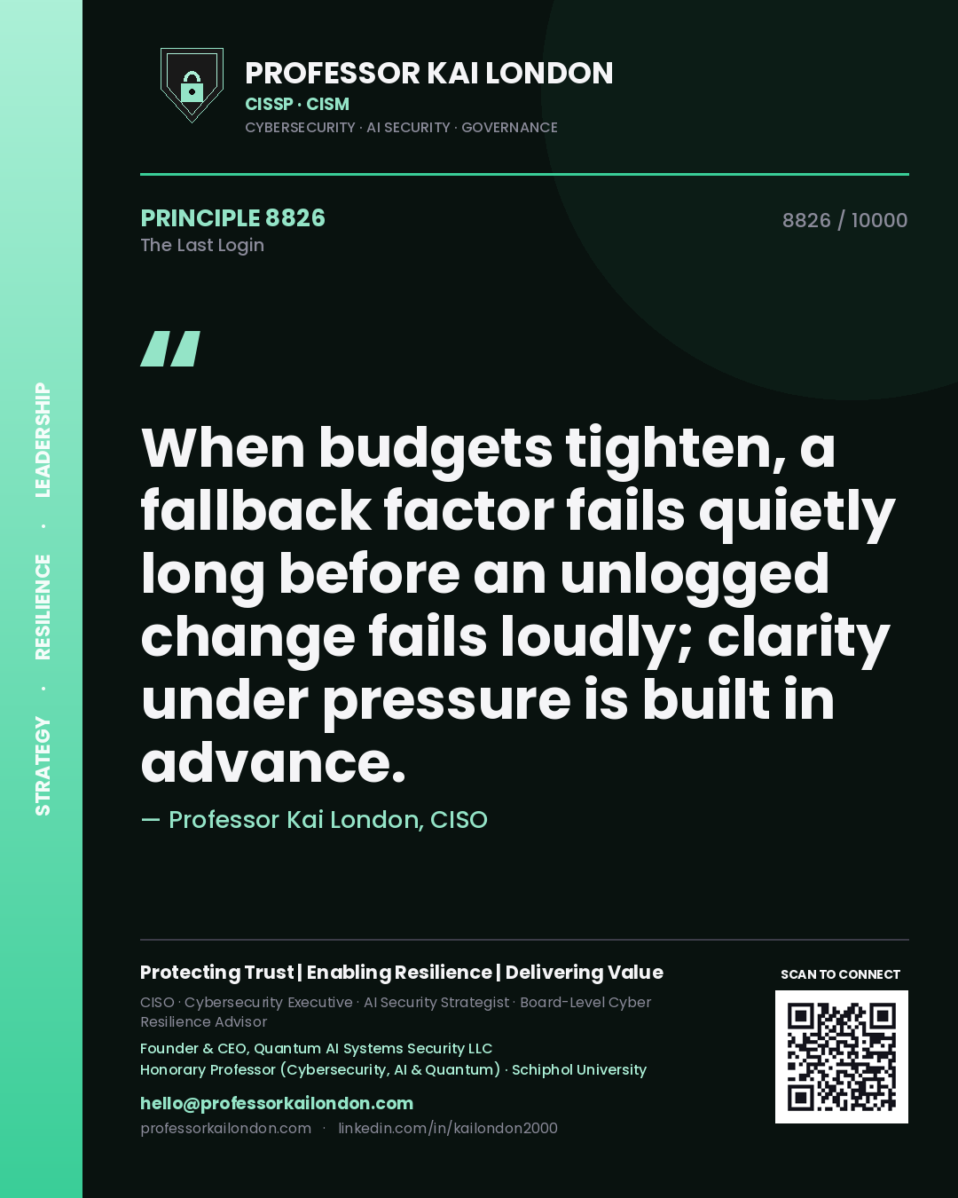 Professor Kai London principle 8826: When budgets tighten, a fallback factor fails quietly long before an unlogged change fails loudly; clarity under pressure is built in advance.