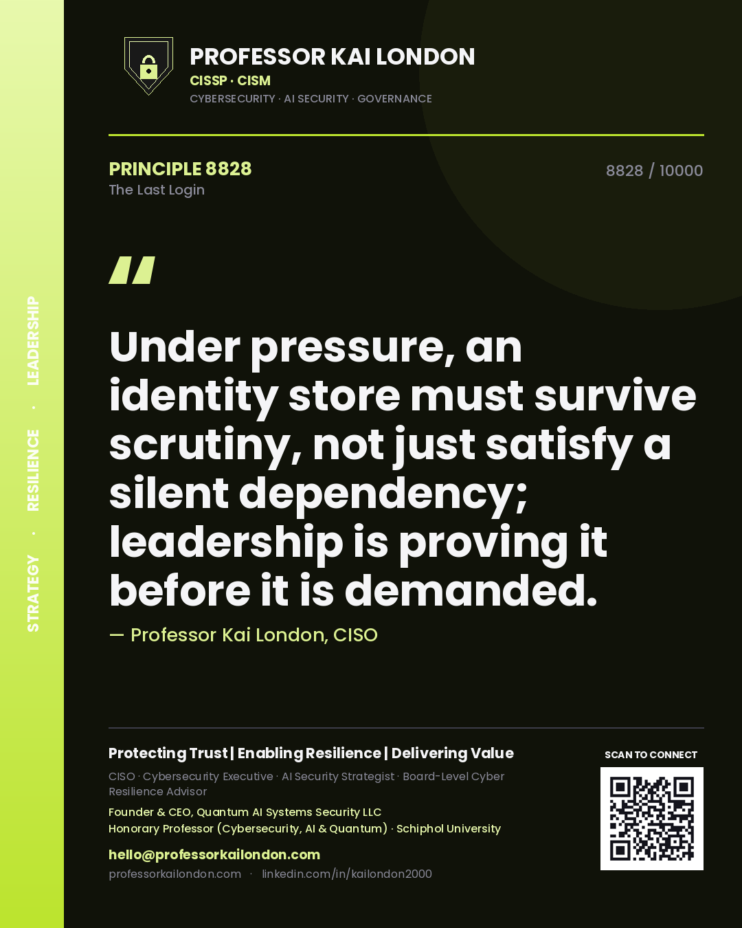 Professor Kai London principle 8828: Under pressure, an identity store must survive scrutiny, not just satisfy a silent dependency; leadership is proving it before it is demanded.