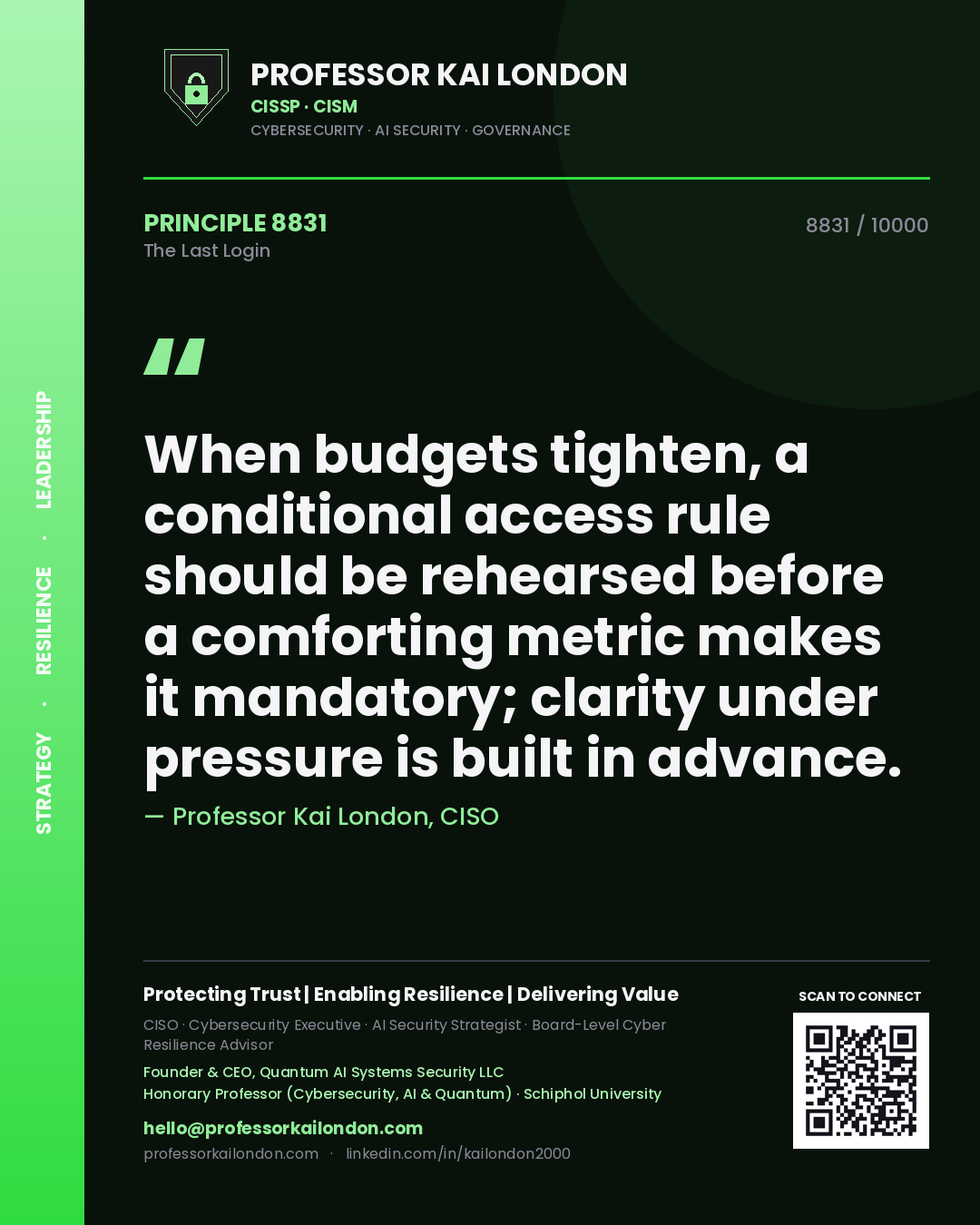 Professor Kai London principle 8831: When budgets tighten, a conditional access rule should be rehearsed before a comforting metric makes it mandatory; clarity under pressure is built in advance.