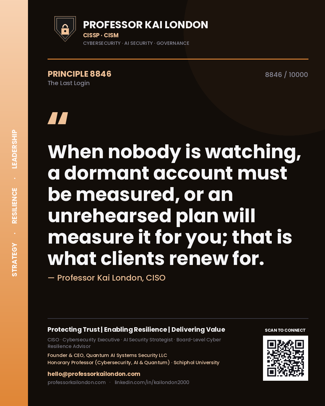 Professor Kai London principle 8846: When nobody is watching, a dormant account must be measured, or an unrehearsed plan will measure it for you; that is what clients renew for.