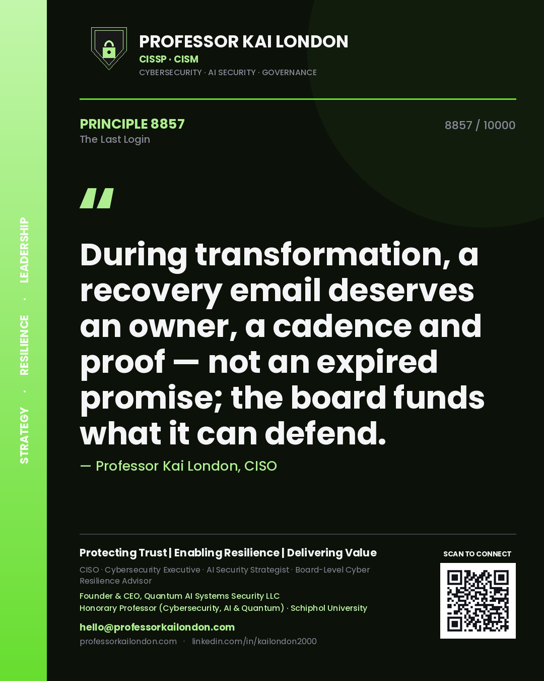 Professor Kai London principle 8857: During transformation, a recovery email deserves an owner, a cadence and proof — not an expired promise; the board funds what it can defend.