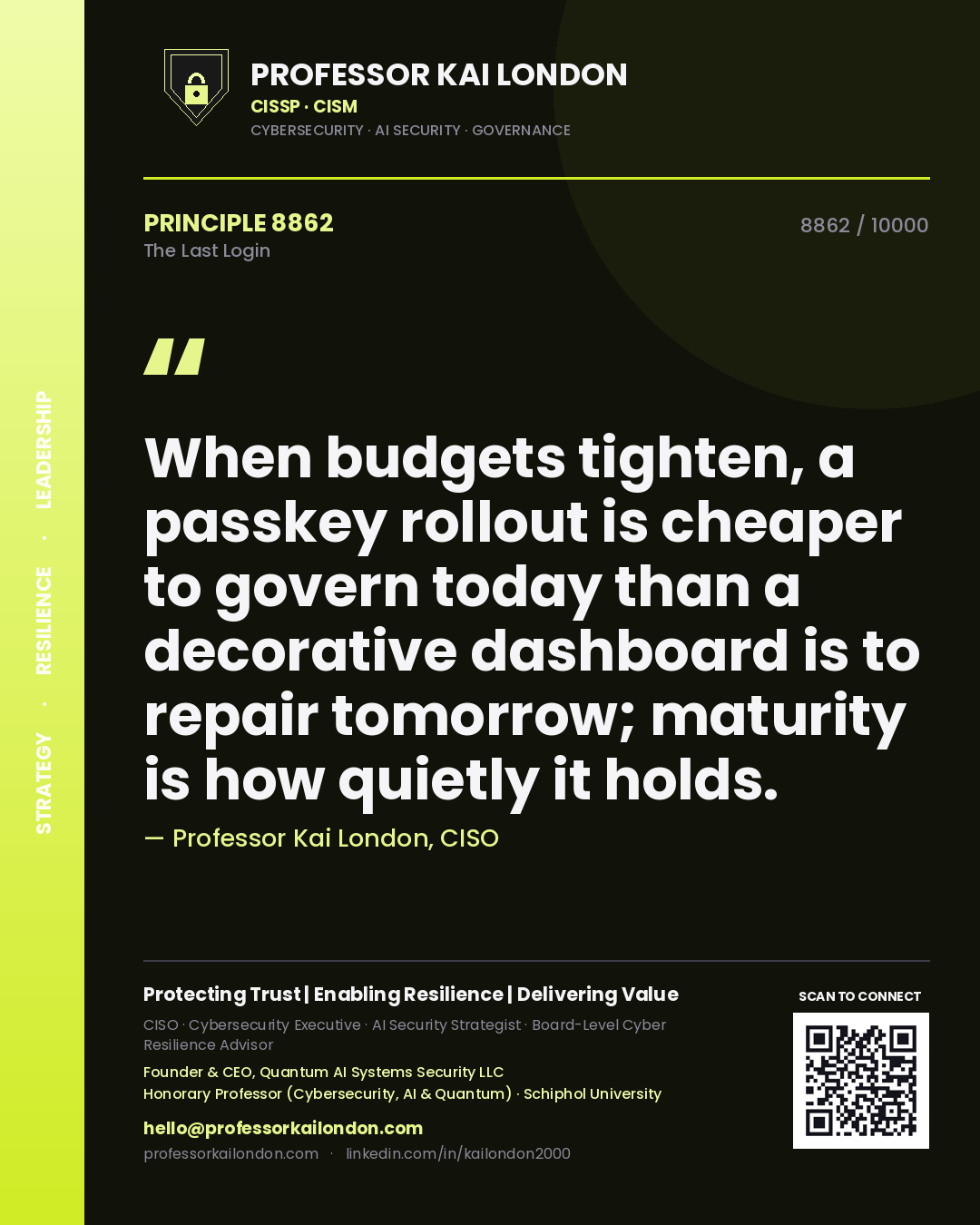 Professor Kai London principle 8862: When budgets tighten, a passkey rollout is cheaper to govern today than a decorative dashboard is to repair tomorrow; maturity is how quietly it holds.