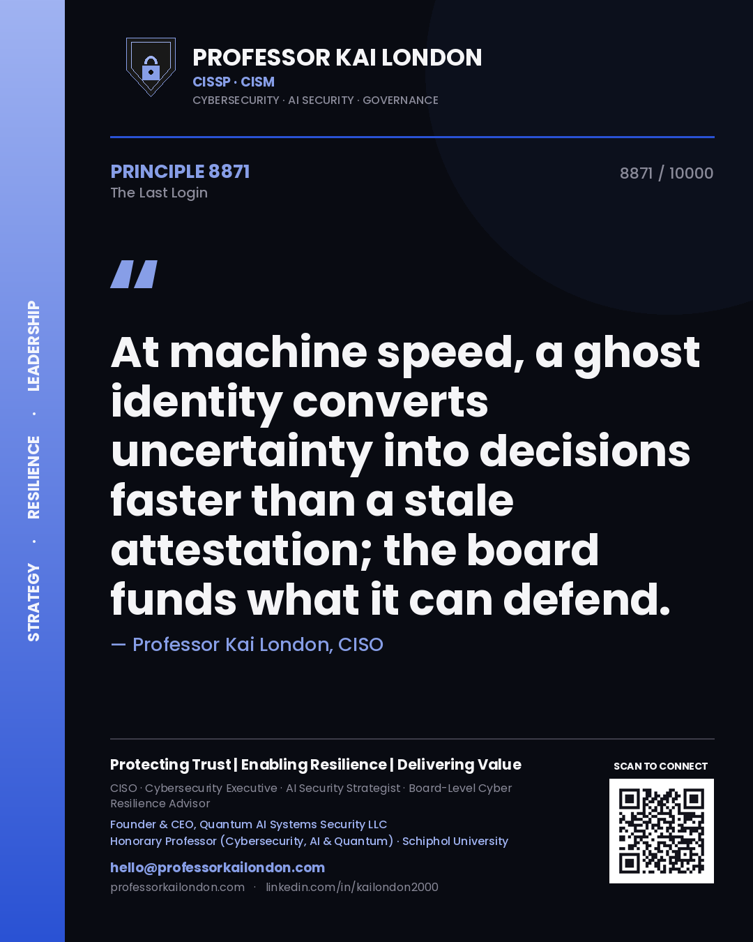 Professor Kai London principle 8871: At machine speed, a ghost identity converts uncertainty into decisions faster than a stale attestation; the board funds what it can defend.