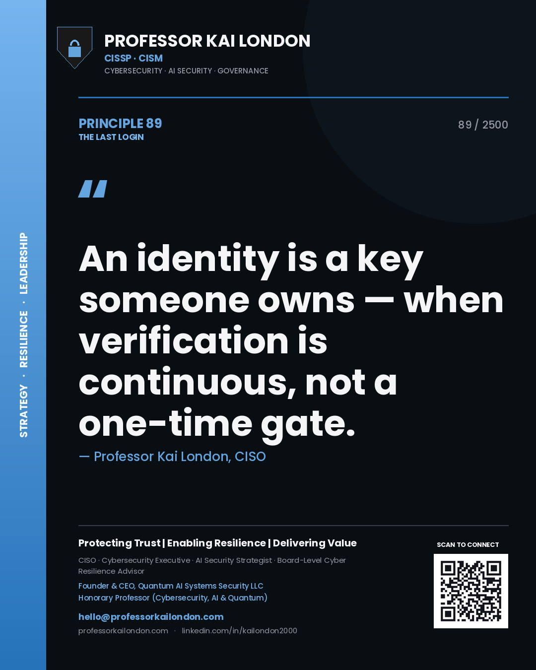 Professor Kai London principle 89: An identity is a key someone owns — when verification is continuous, not a one-time gate.