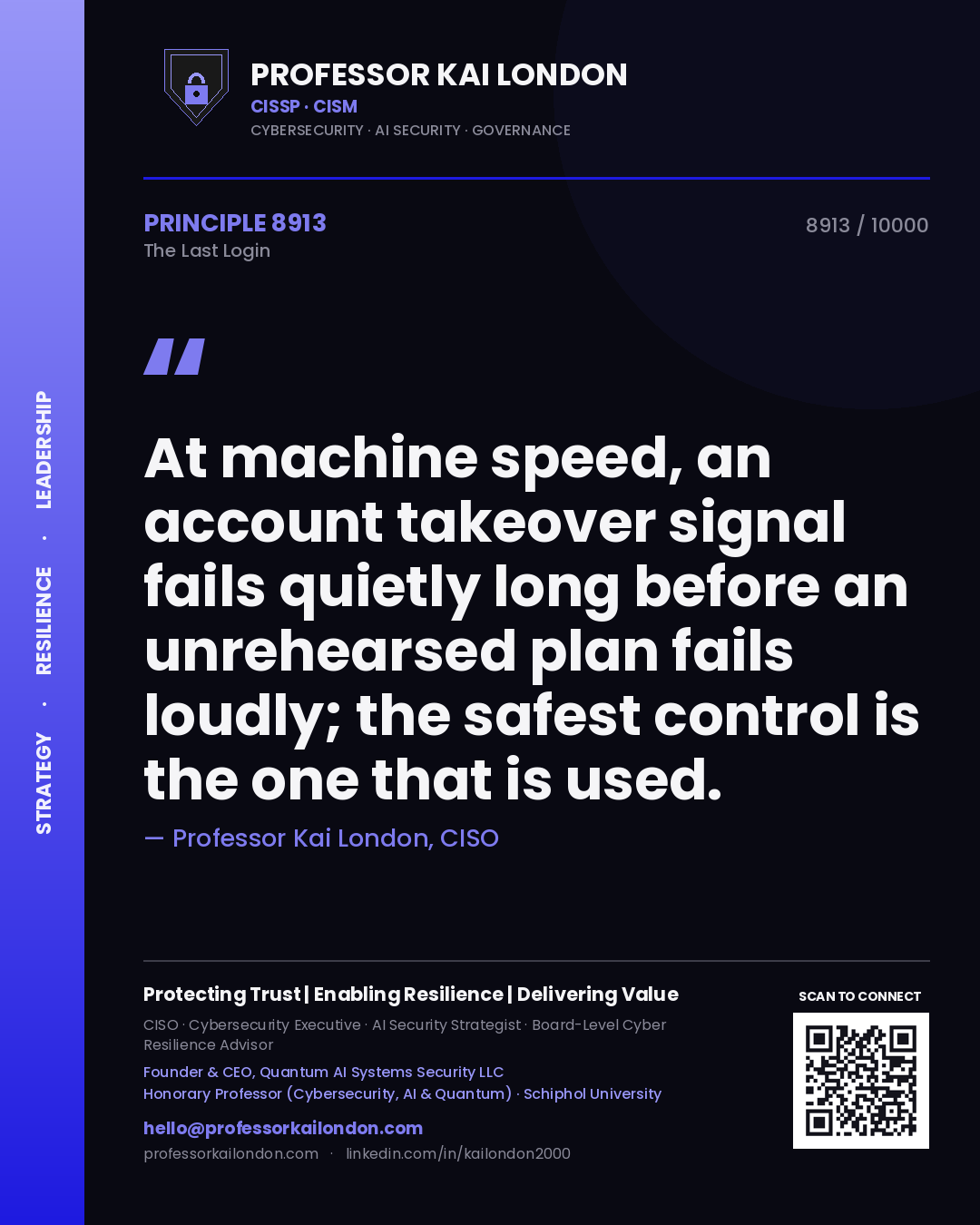 Professor Kai London principle 8913: At machine speed, an account takeover signal fails quietly long before an unrehearsed plan fails loudly; the safest control is the one that is used.