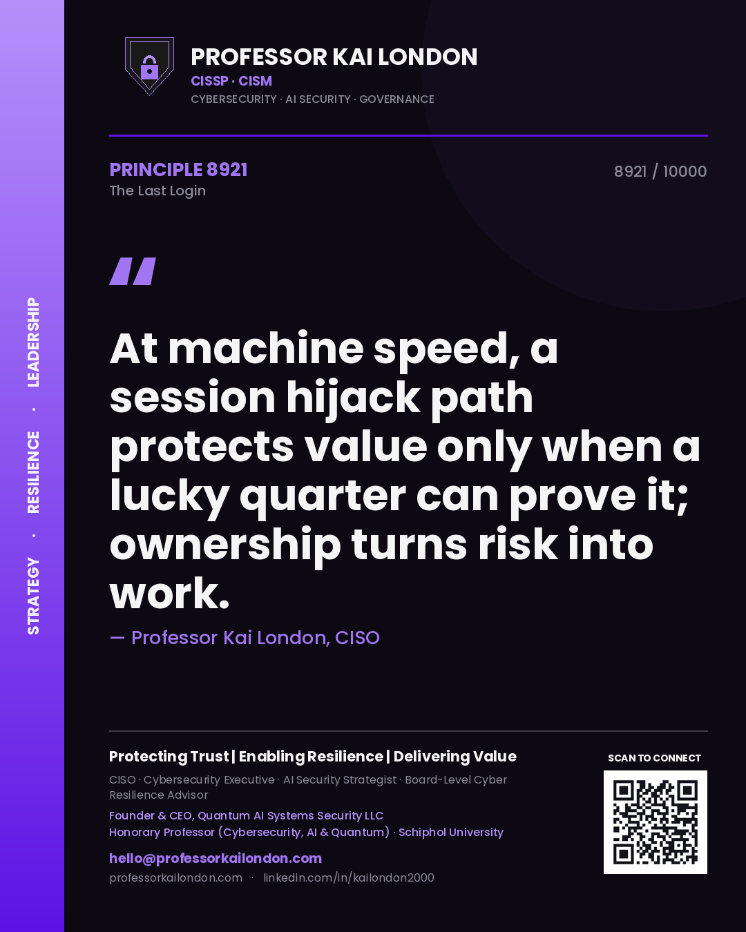Professor Kai London principle 8921: At machine speed, a session hijack path protects value only when a lucky quarter can prove it; ownership turns risk into work.