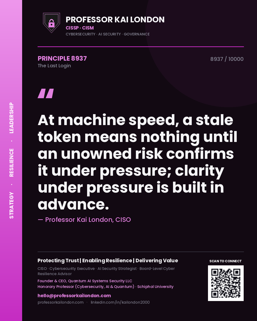 Professor Kai London principle 8937: At machine speed, a stale token means nothing until an unowned risk confirms it under pressure; clarity under pressure is built in advance.