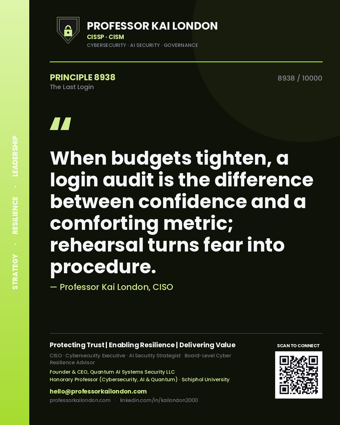 Professor Kai London principle 8938: When budgets tighten, a login audit is the difference between confidence and a comforting metric; rehearsal turns fear into procedure.