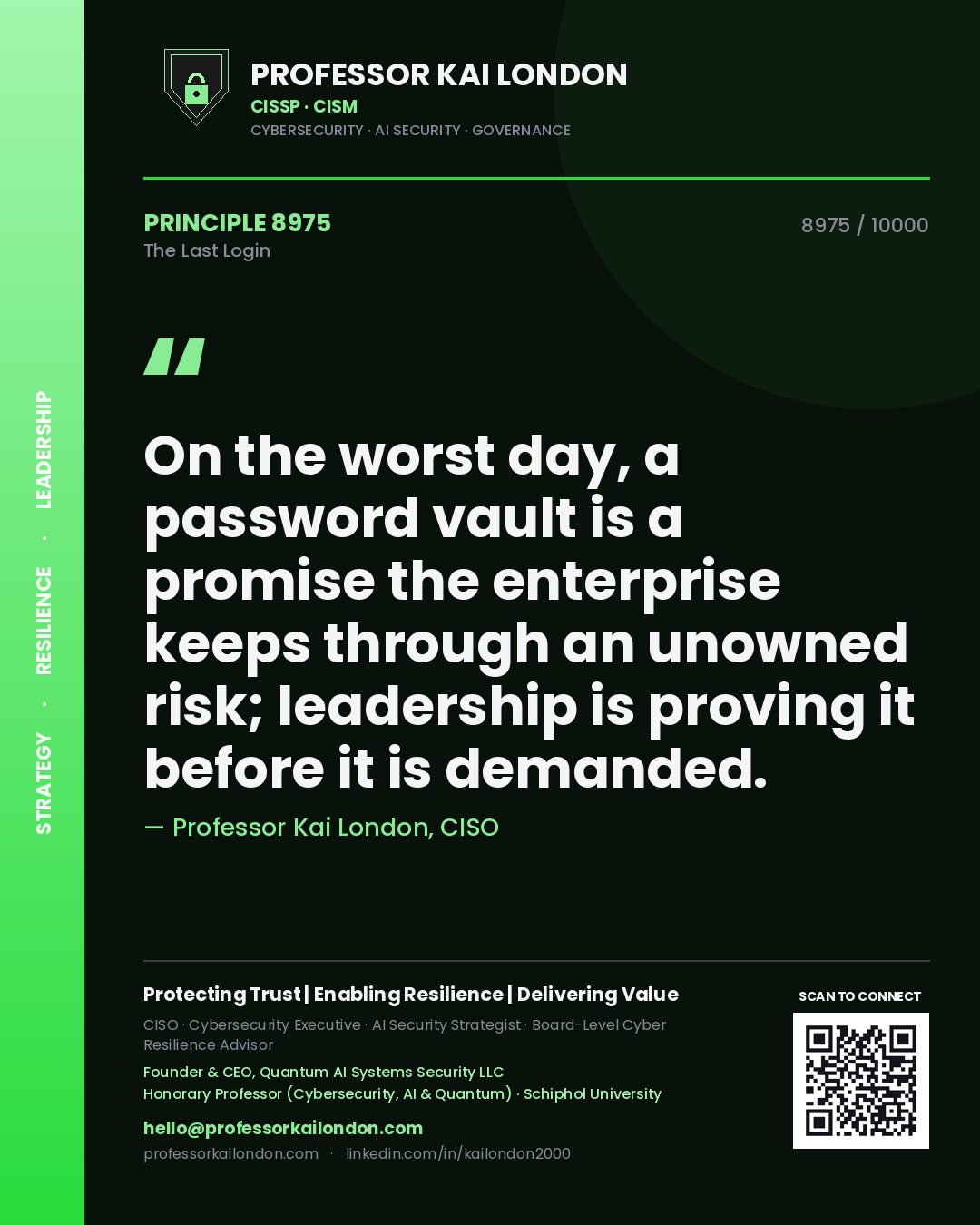 Professor Kai London principle 8975: On the worst day, a password vault is a promise the enterprise keeps through an unowned risk; leadership is proving it before it is demanded.