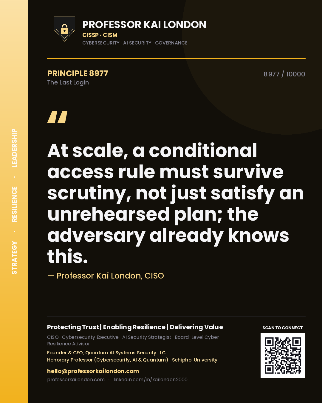 Professor Kai London principle 8977: At scale, a conditional access rule must survive scrutiny, not just satisfy an unrehearsed plan; the adversary already knows this.