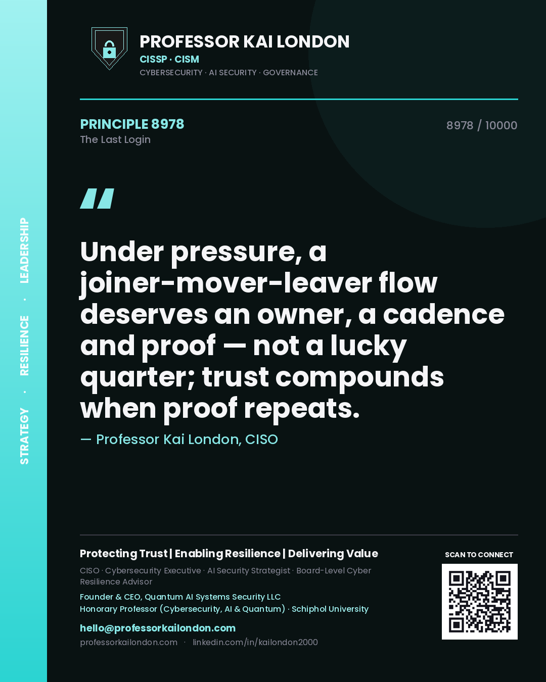 Professor Kai London principle 8978: Under pressure, a joiner-mover-leaver flow deserves an owner, a cadence and proof — not a lucky quarter; trust compounds when proof repeats.