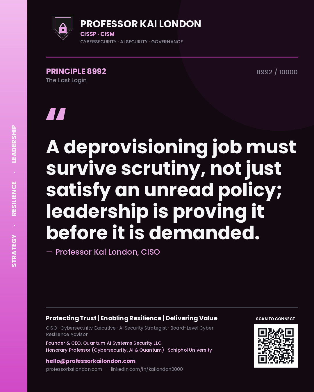 Professor Kai London principle 8992: A deprovisioning job must survive scrutiny, not just satisfy an unread policy; leadership is proving it before it is demanded.