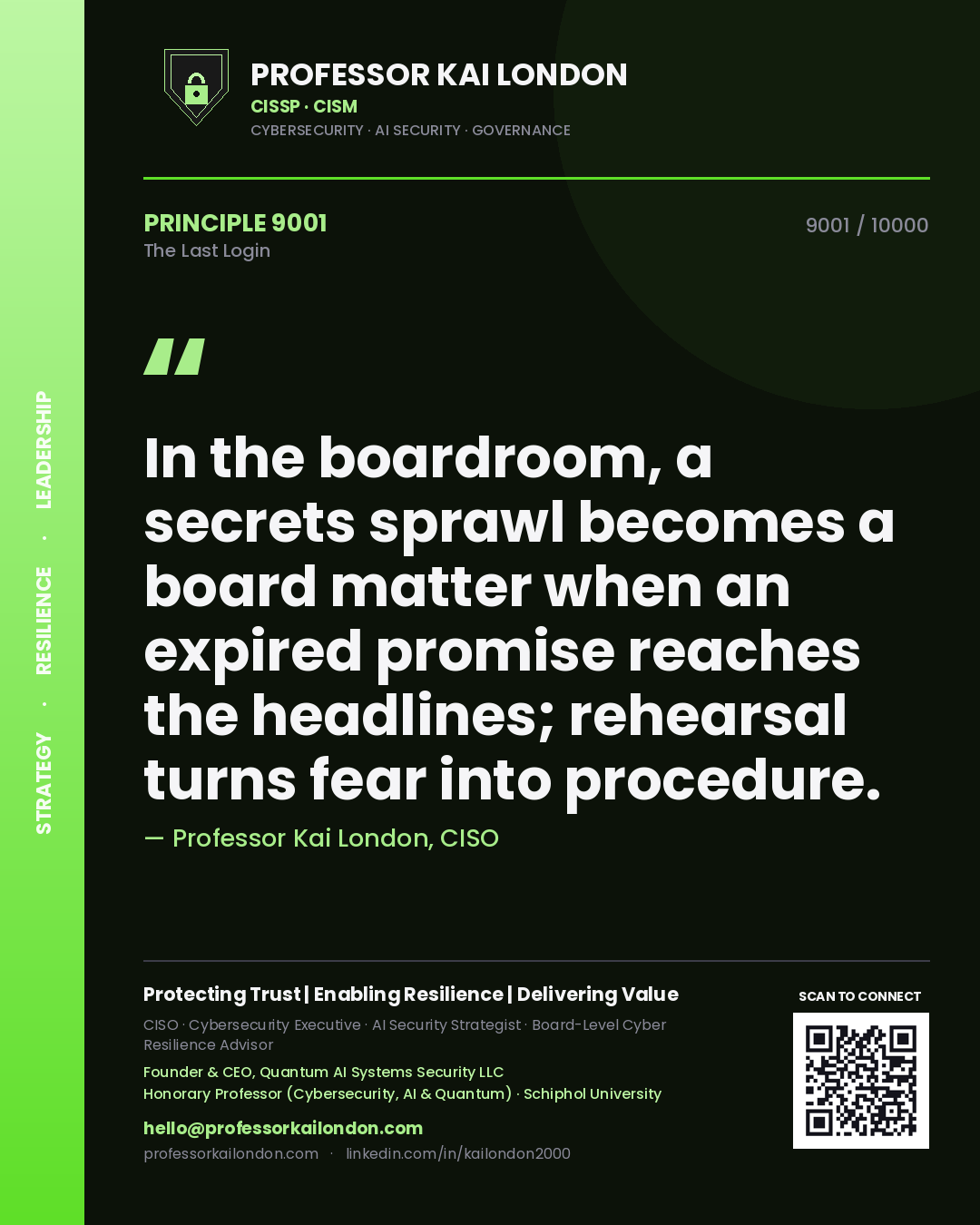 Professor Kai London principle 9001: In the boardroom, a secrets sprawl becomes a board matter when an expired promise reaches the headlines; rehearsal turns fear into procedure.