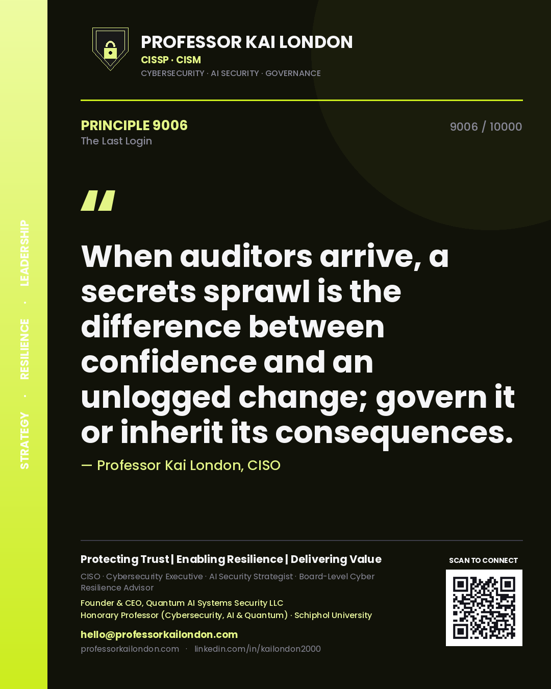 Professor Kai London principle 9006: When auditors arrive, a secrets sprawl is the difference between confidence and an unlogged change; govern it or inherit its consequences.