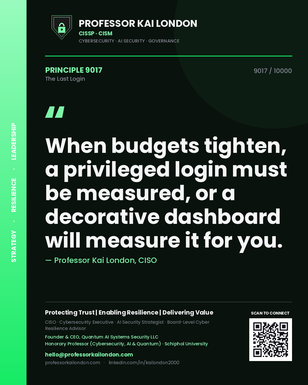 Professor Kai London principle 9017: When budgets tighten, a privileged login must be measured, or a decorative dashboard will measure it for you.